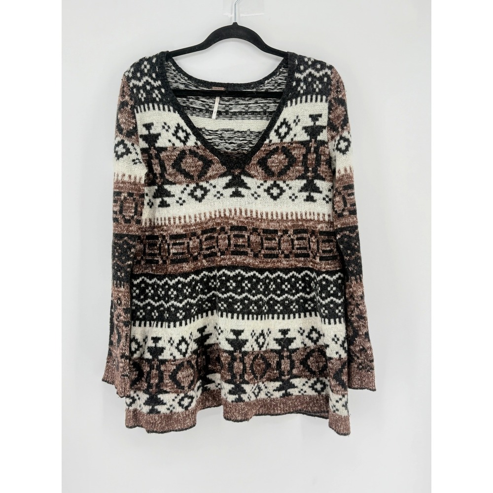 Free People Southwestern Aztec Oversized V-Neck Wool Blend Boho Sweater Size S